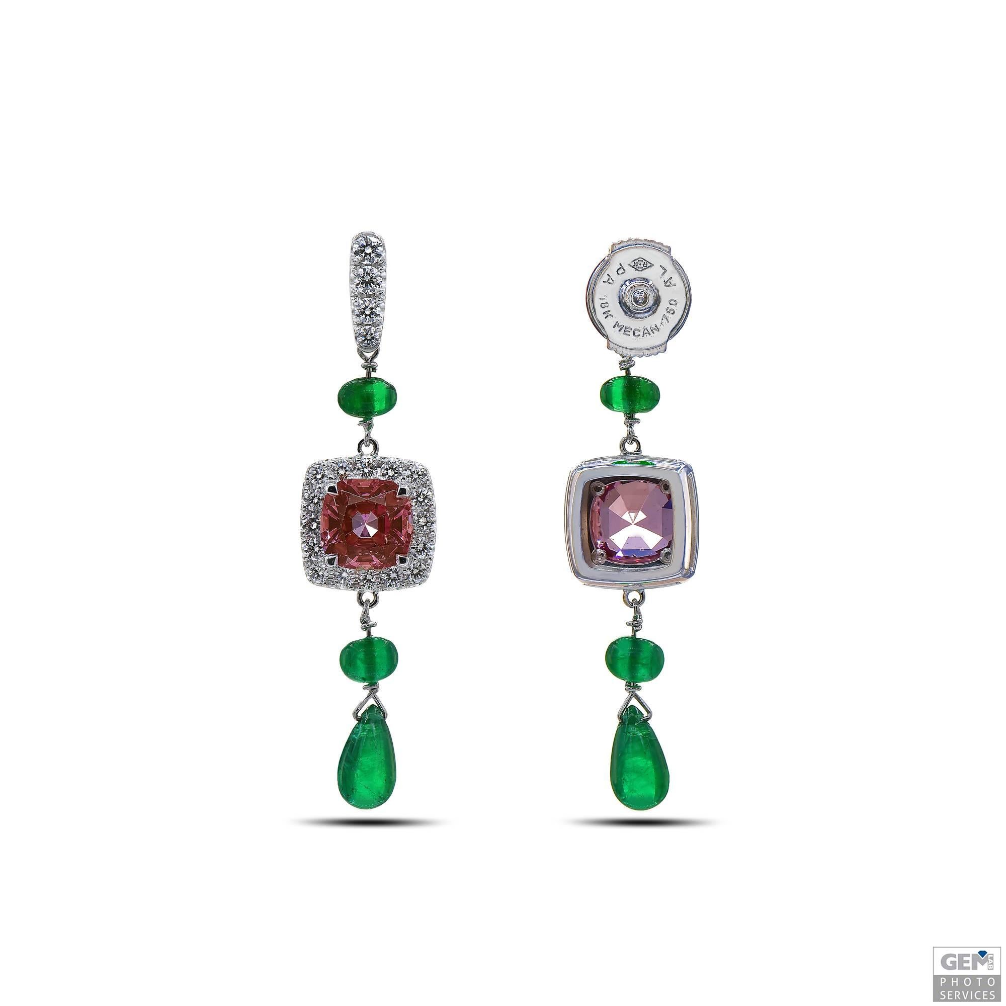 Cushion Cut Garnet Cushion and Emerald Drop Earrings in White Gold For Sale