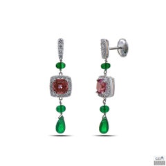 Garnet Cushion and Emerald Drop Earrings in White Gold