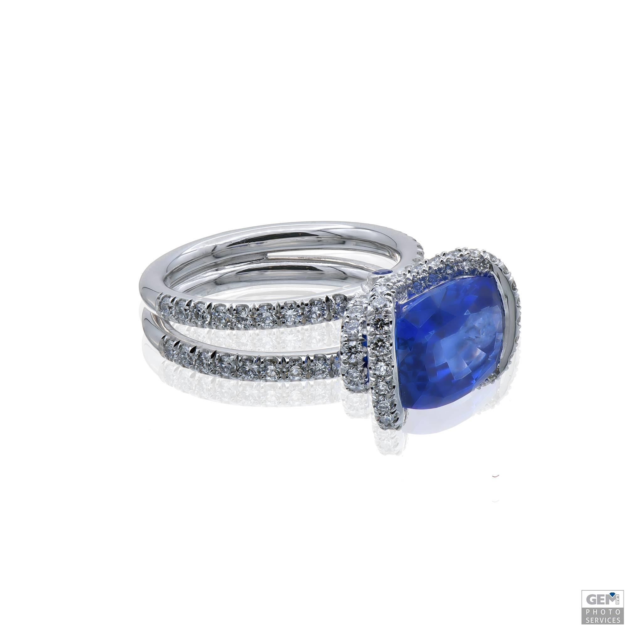 Cushion Cut Handmade Cushion Sapphire Ring in White Gold, Set with Diamonds For Sale