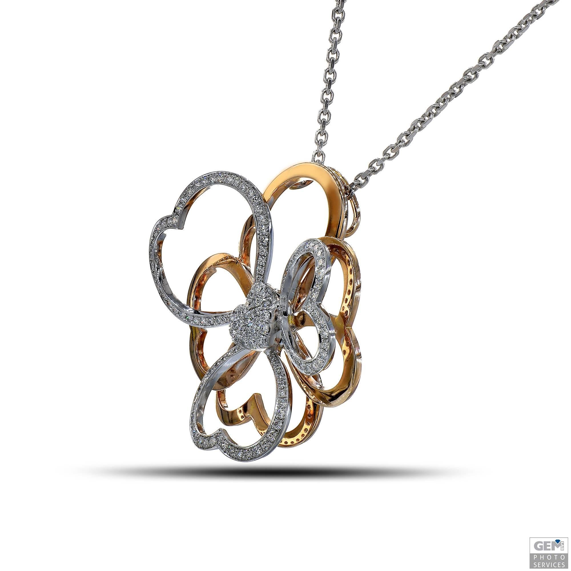 Round Cut Flower and Heart Inspired Rose Gold and White Gold Pendant Set with Diamonds For Sale
