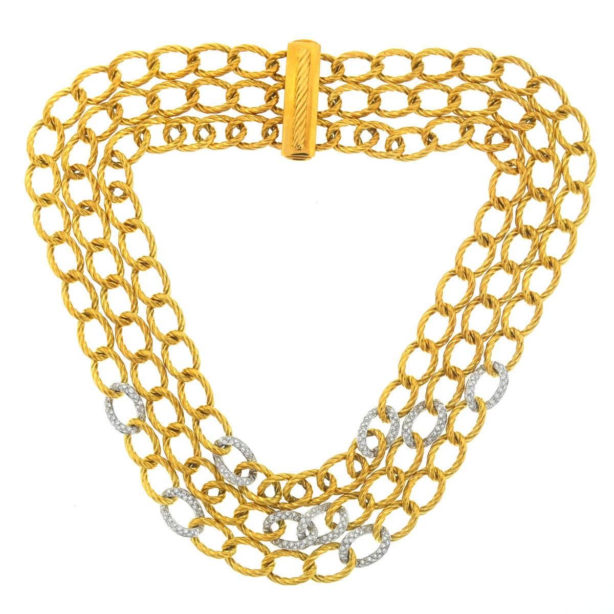 David Yurman 18 Karat Gold 3 Strand Twisted Oval Link Diamond Necklace