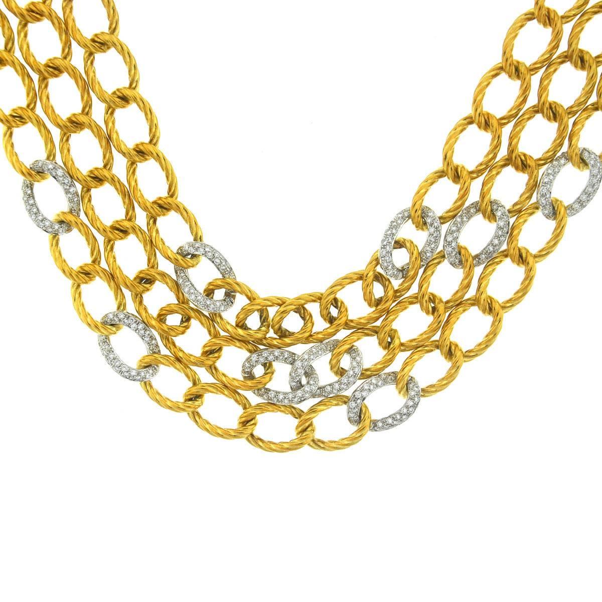David Yurman 18 Karat Gold 3 Strand Twisted Oval Link Diamond Necklace 1