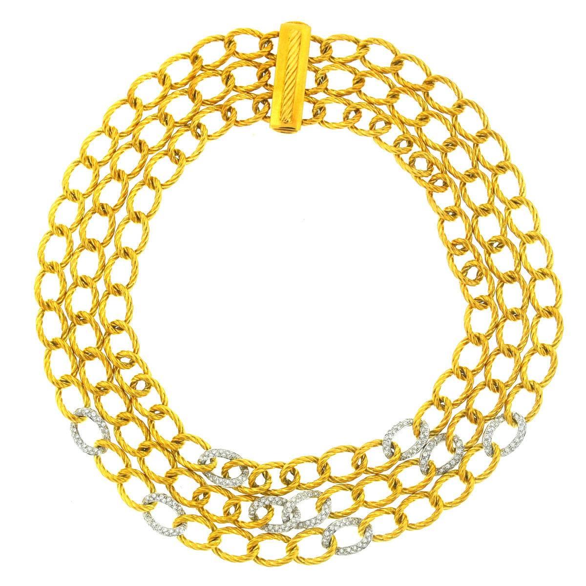 David Yurman 18 Karat Gold 3 Strand Twisted Oval Link Diamond Necklace 2