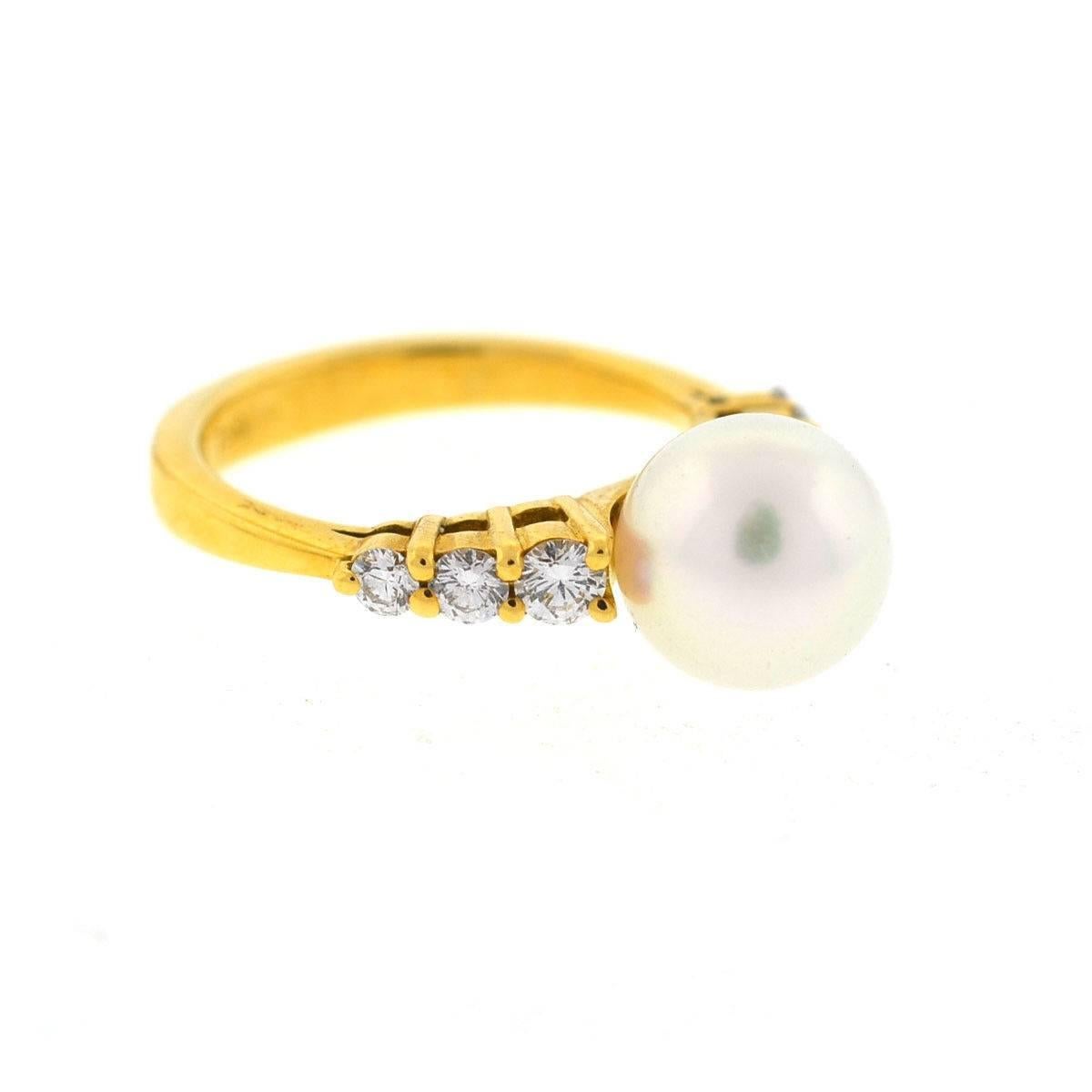 Company - Mikimoto
Style - Ladies
Metal - 18k Yellow Gold
Size - 4.25
Weight - 4.3 grams
Stones - Diamonds - Approx. .35cts tw 
Pearl - 8.25 mm