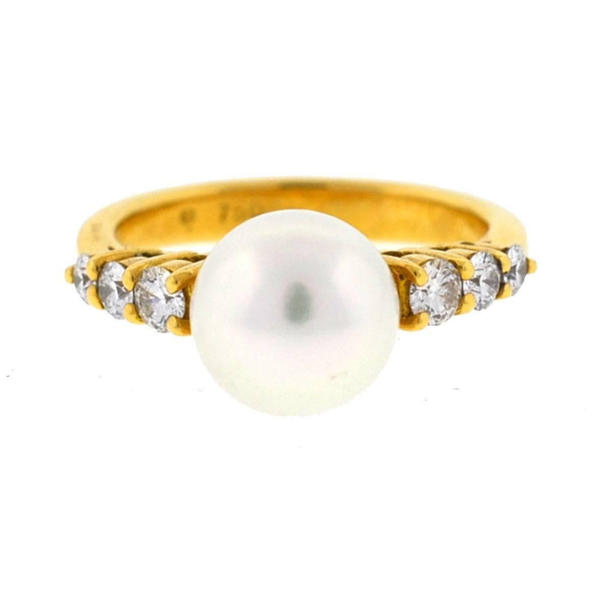 18 Karat Yellow Gold Mikimoto Pearl and Diamond Ladies Ring 1