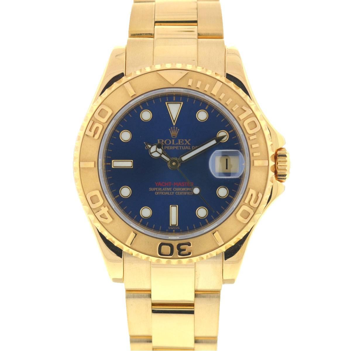 Company - Rolex
Style - Dress/Formal
Model - Yachtmaster
Reference Number - 68628 "U" Serial
Case Metal - 18k Yellow Gold
Case Measurement - 35 mm 
Bracelet - 18k Yellow Gold
Dial - Blue
Bezel - 18k Yellow Gold
Crystal - Sapphire
Movement
