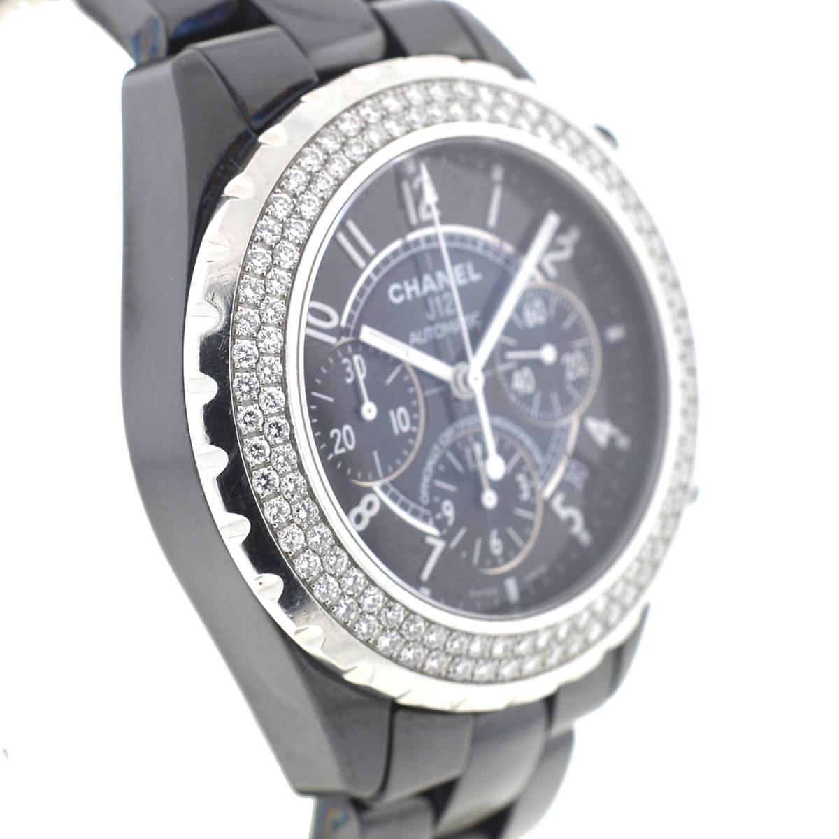 Women's or Men's Chanel Black Ceramic Diamond J12 Chronograph Automatic Wristwatch