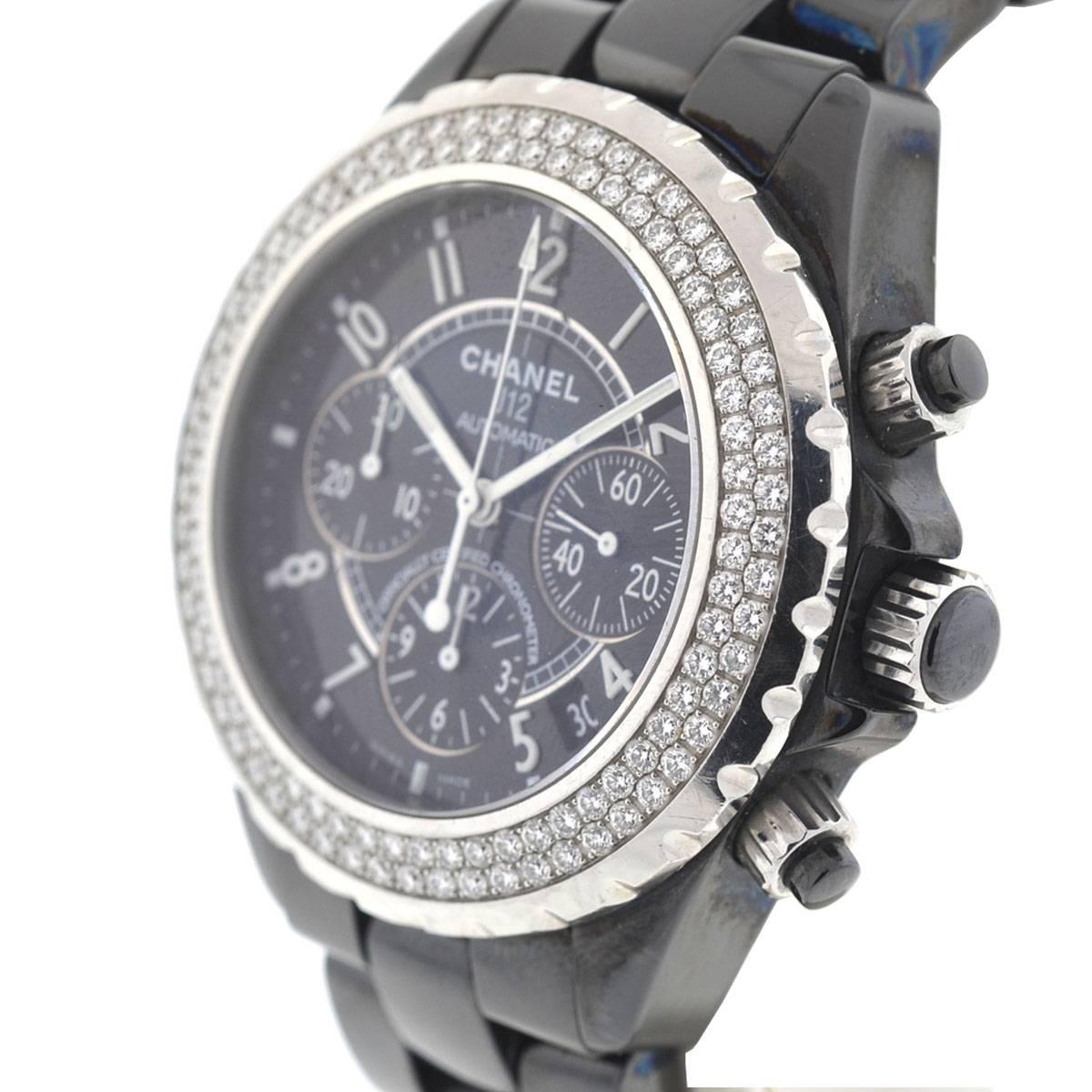 Chanel Black Ceramic Diamond J12 Chronograph Automatic Wristwatch In Excellent Condition In Boca Raton, FL