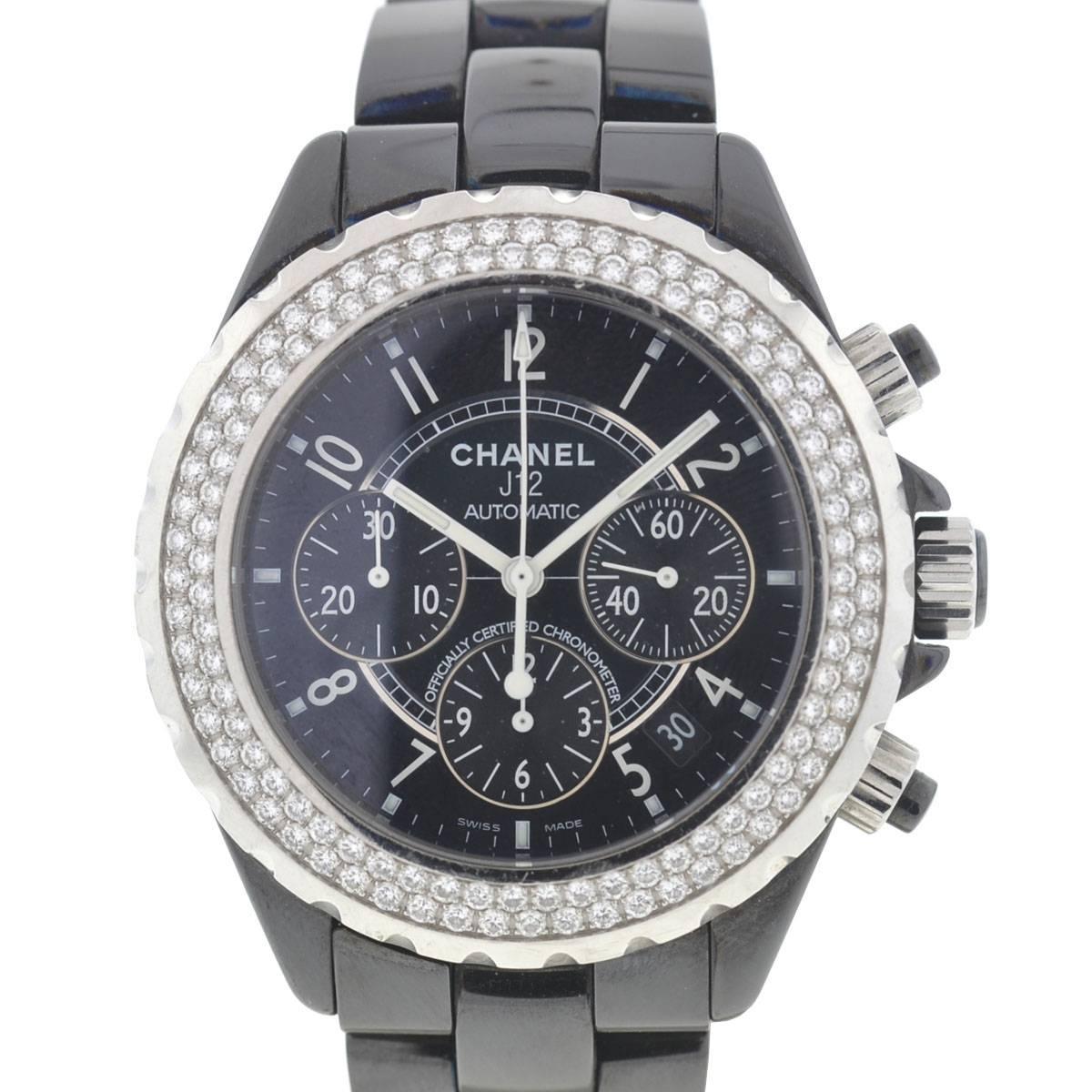 Chanel Black Ceramic Diamond J12 Chronograph Automatic Wristwatch