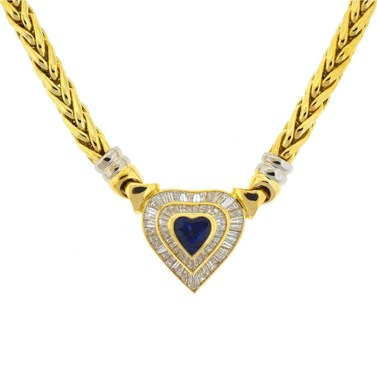 Style - Choker / Pendant
Meta l- 18k Yellow Gold
Weight - 59.7 Grams
Chain Length - 16"
Stones  - Diamonds (approx. 3.02cts) Sapphire (approx. 2.2cts)
Includes - Necklace only