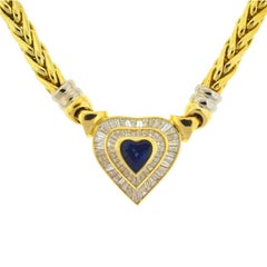 18 Karat Yellow Gold Heart Sapphire and Baguette Diamonds Pendant Necklace