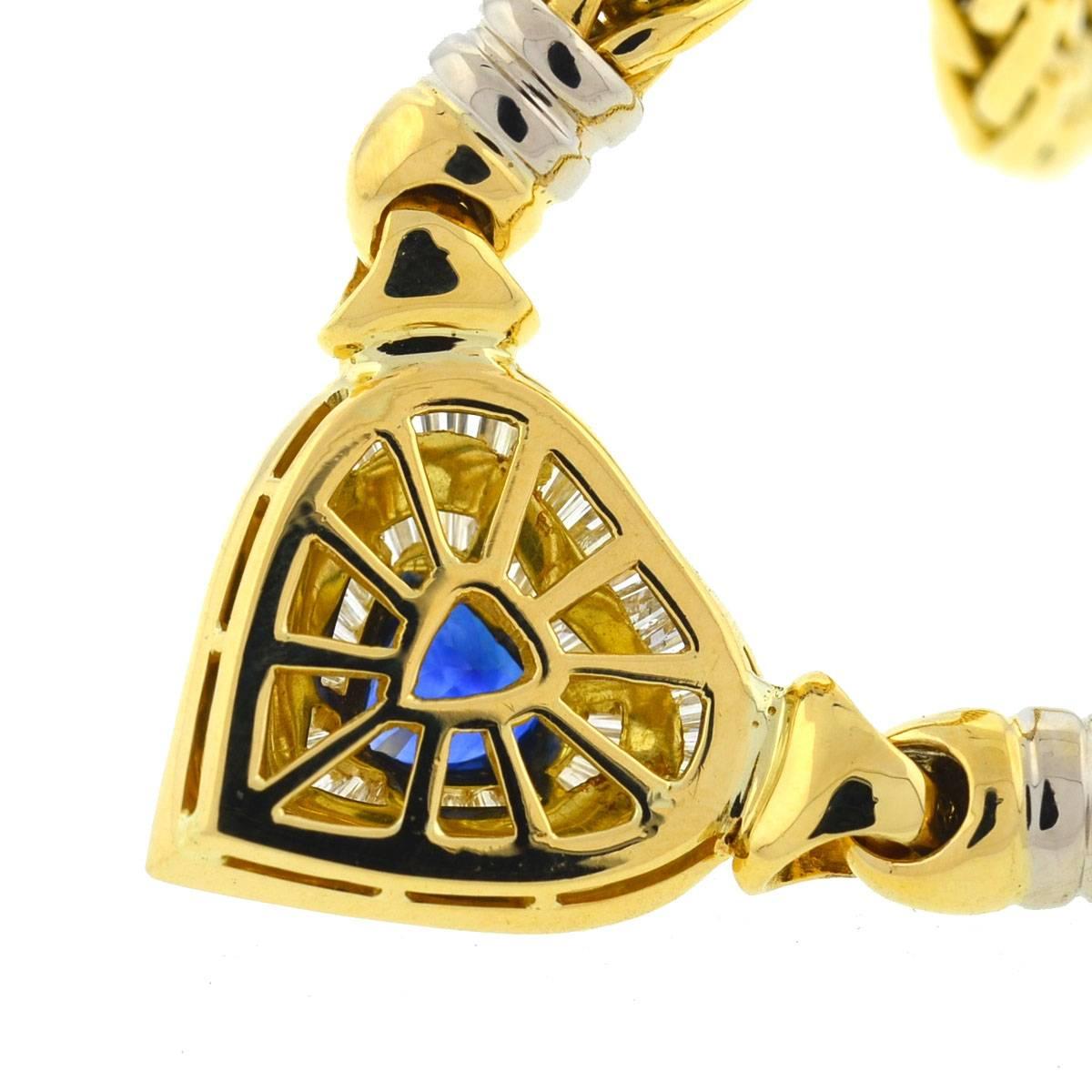 Baguette Cut 18 Karat Yellow Gold Heart Sapphire and Baguette Diamonds Pendant Necklace