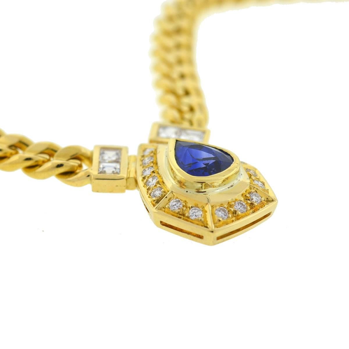 Women's 18 Karat Yellow Gold Pear Shape Sapphire and Diamonds Pendant Necklace