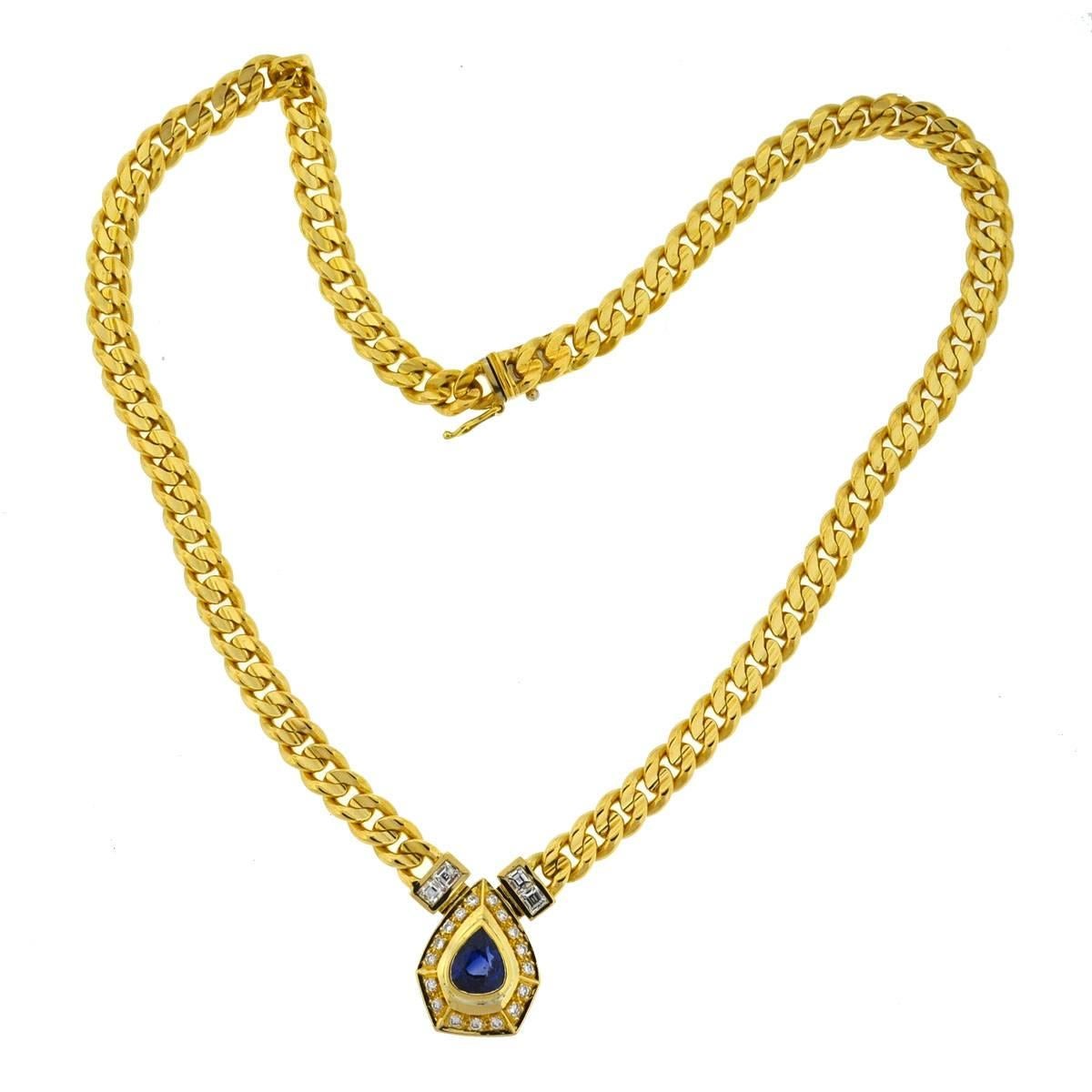 18 Karat Yellow Gold Pear Shape Sapphire and Diamonds Pendant Necklace In Excellent Condition In Boca Raton, FL