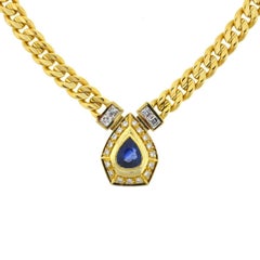 18 Karat Yellow Gold Pear Shape Sapphire and Diamonds Pendant Necklace