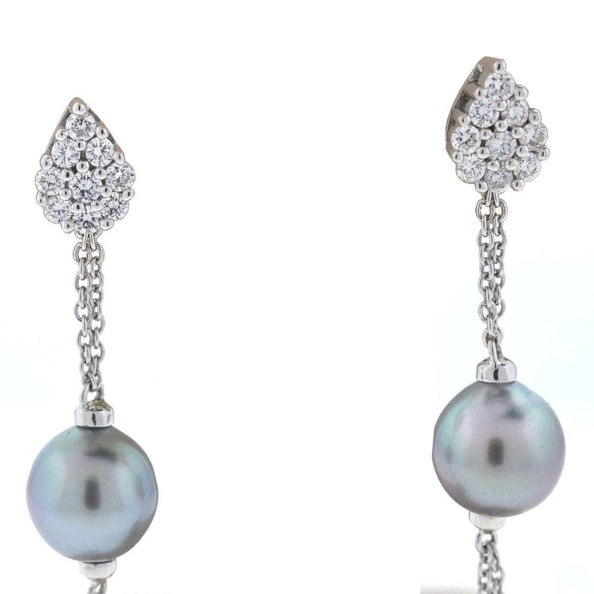 Company - Damiani 
Style - Ninfea Drop Earrings
Metal - 18k White Gold
Stones - Tahitian Pearls (approx. 10mm ) Diamonds (approx. 0.65cts)
Backs - Butterfly Backs
Measurement - 2.25