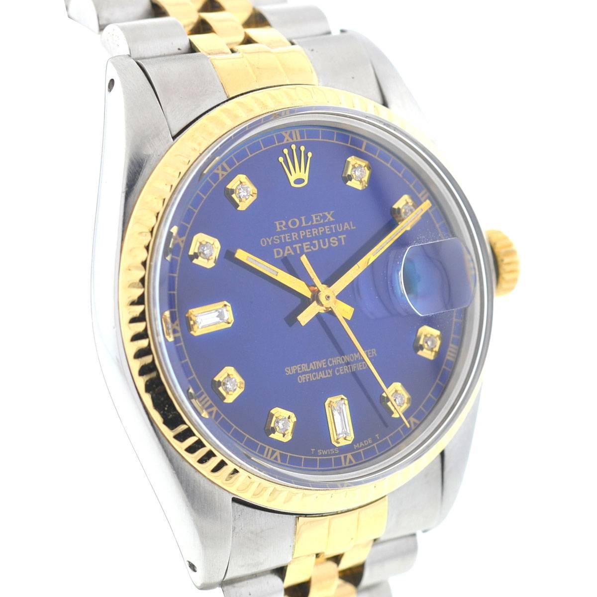 Rolex Yellow Gold Stainless Steel Datejust Blue Diamond Dial Wristwatch   In Excellent Condition In Boca Raton, FL