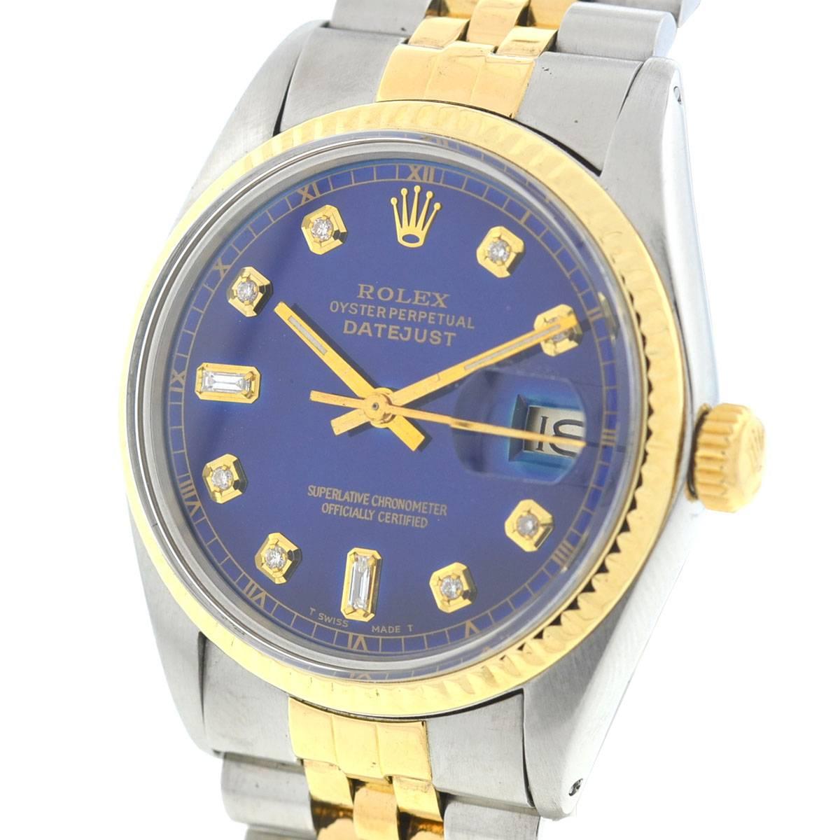 Rolex Yellow Gold Stainless Steel Datejust Blue Diamond Dial Wristwatch  