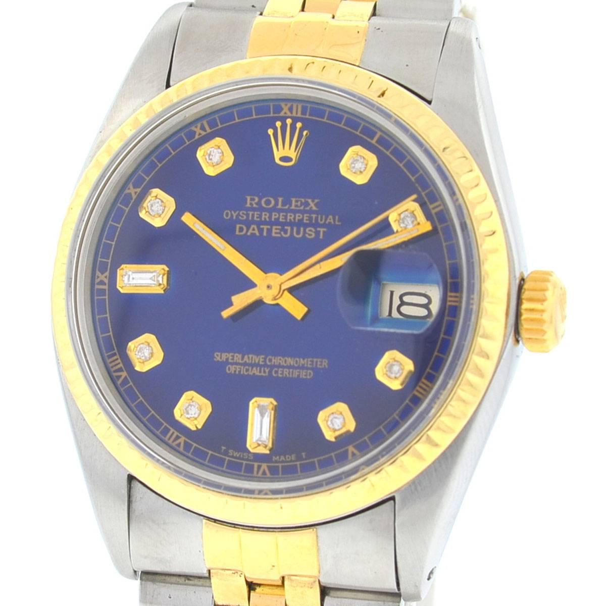 Women's or Men's Rolex Yellow Gold Stainless Steel Datejust Blue Diamond Dial Wristwatch  
