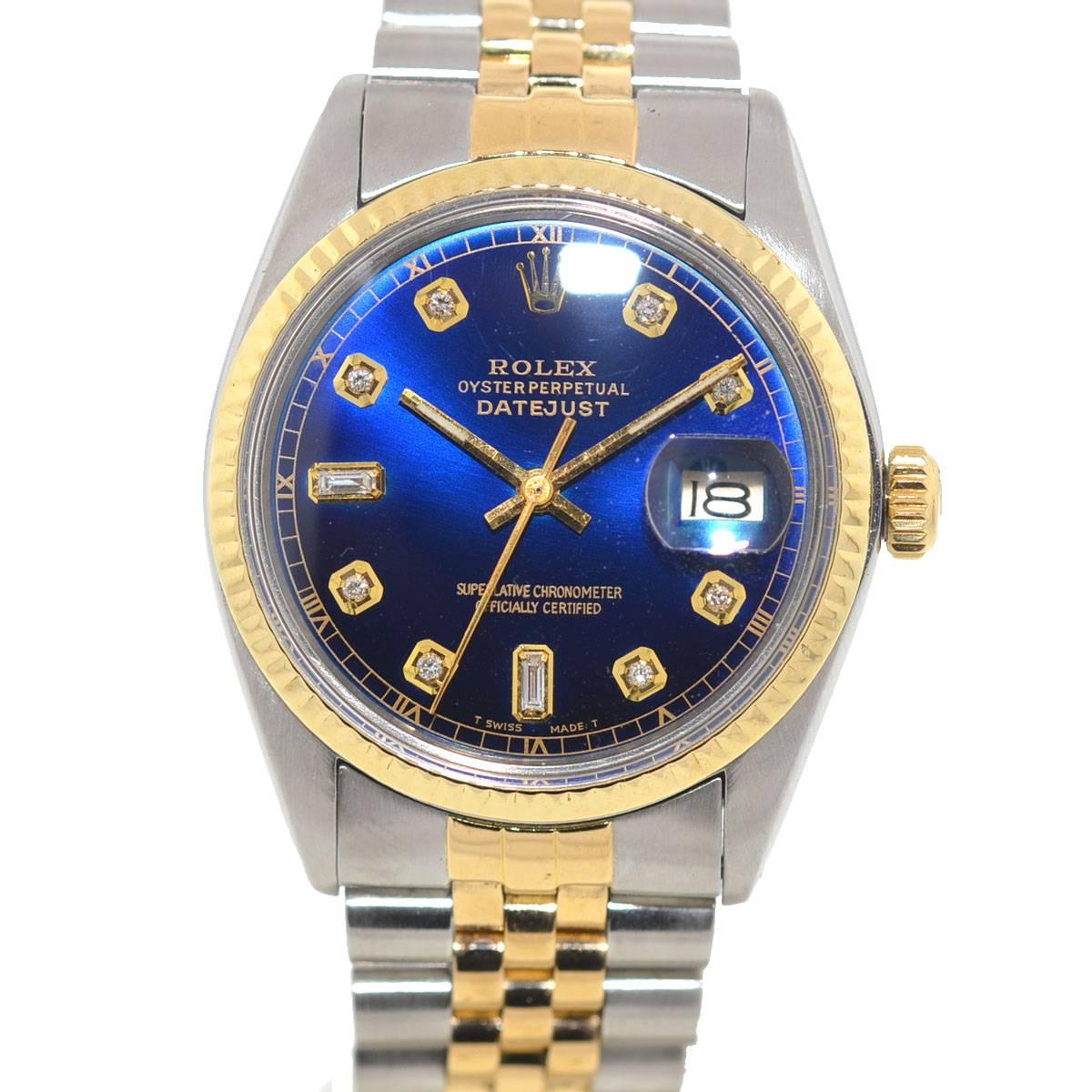 Company - Rolex
Style - Dress/Formal
Model - Datejust
Reference Number - 16013 (5 mil serial)
Case Metal - Stainless Steel and Yellow Gold
Case Measurement - 36 mm 
Bracelet - Two Tone Jubilee (Stretch from wear, fits up to a 6" wrist)
Dial -