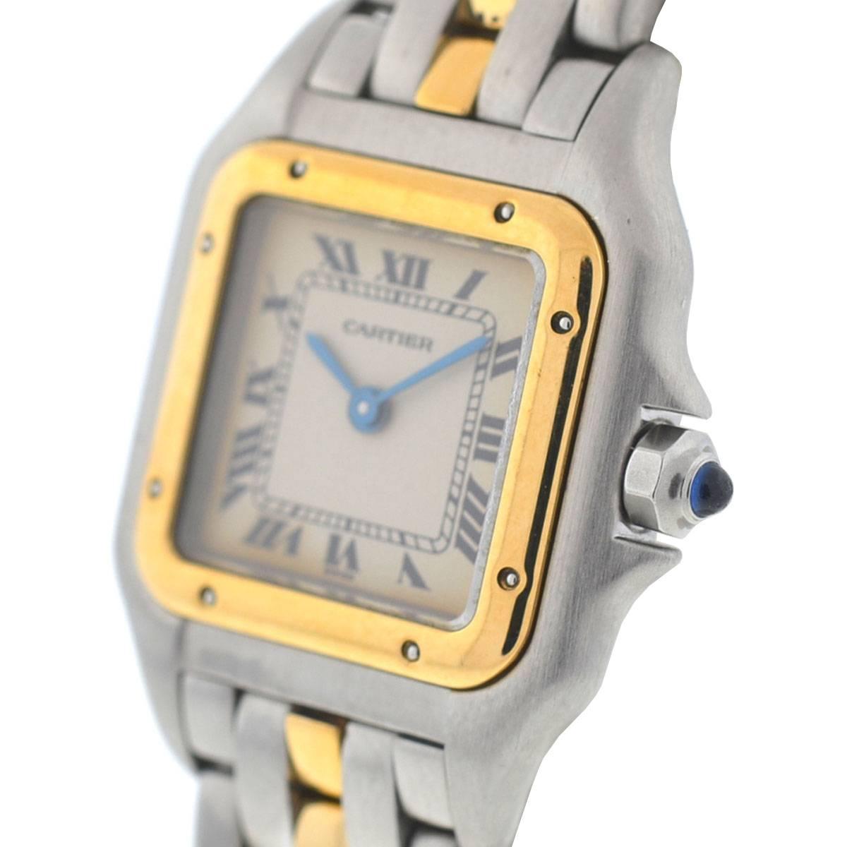 Company - Cartier
Style - Dress/Formal
Model - Panthere
Reference Number - 166921
Case Metal - Stainless Steel
Case Measurement - 21 mm 
Bracelet - 18k Yellow Gold (Single Row) Stainless Steel - Fits a 6" wrist
Dial - White
Bezel - 18k Yellow