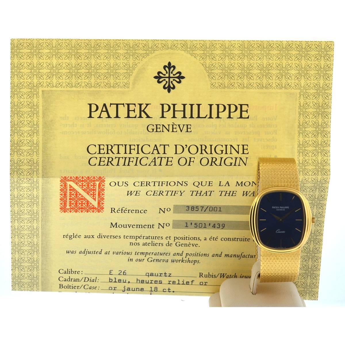 Patek Philippe 3857 18 Karat Yellow Gold Blue Dial Watch 3