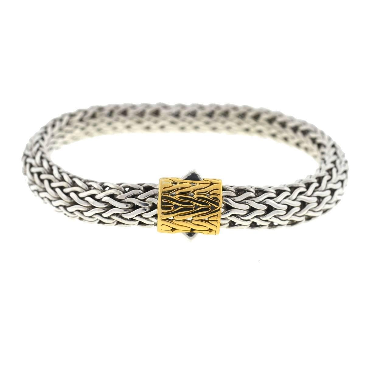 John Hardy Woven Sterling Silver Yellow Gold Men's Bracelet In Excellent Condition In Boca Raton, FL