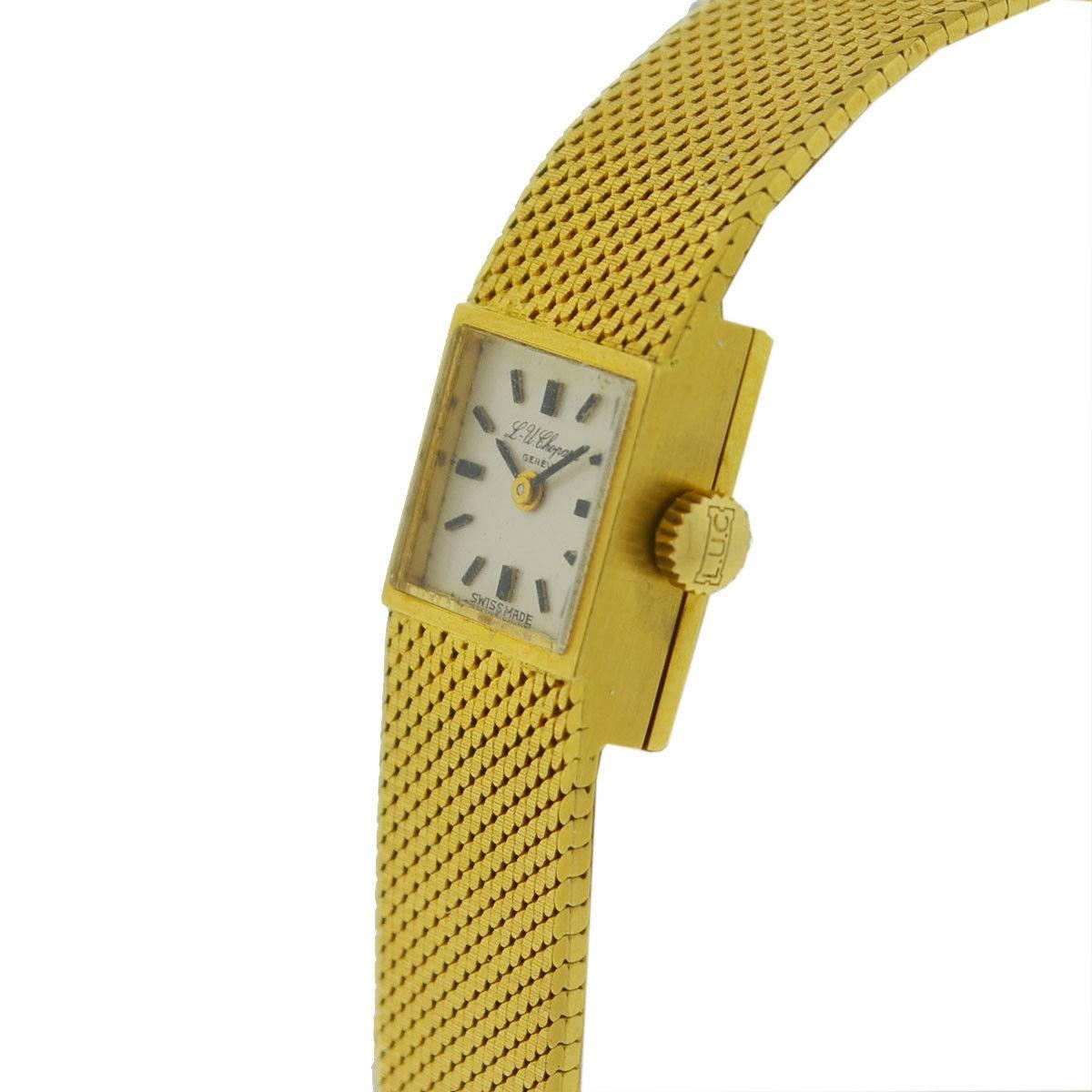 Company - Chopard
Style - Dress 
Model - Vintage
Weight - 35.9 Grams
Case Metal - 18k Yellow Gold
Case Measurement - 12 mm 
Bracelet - 18k Yellow Gold
Dial - White
Bezel - 18k Yellow Gold
Crystal - Plastic
Movement - Hand-Winding
Features -Hours and