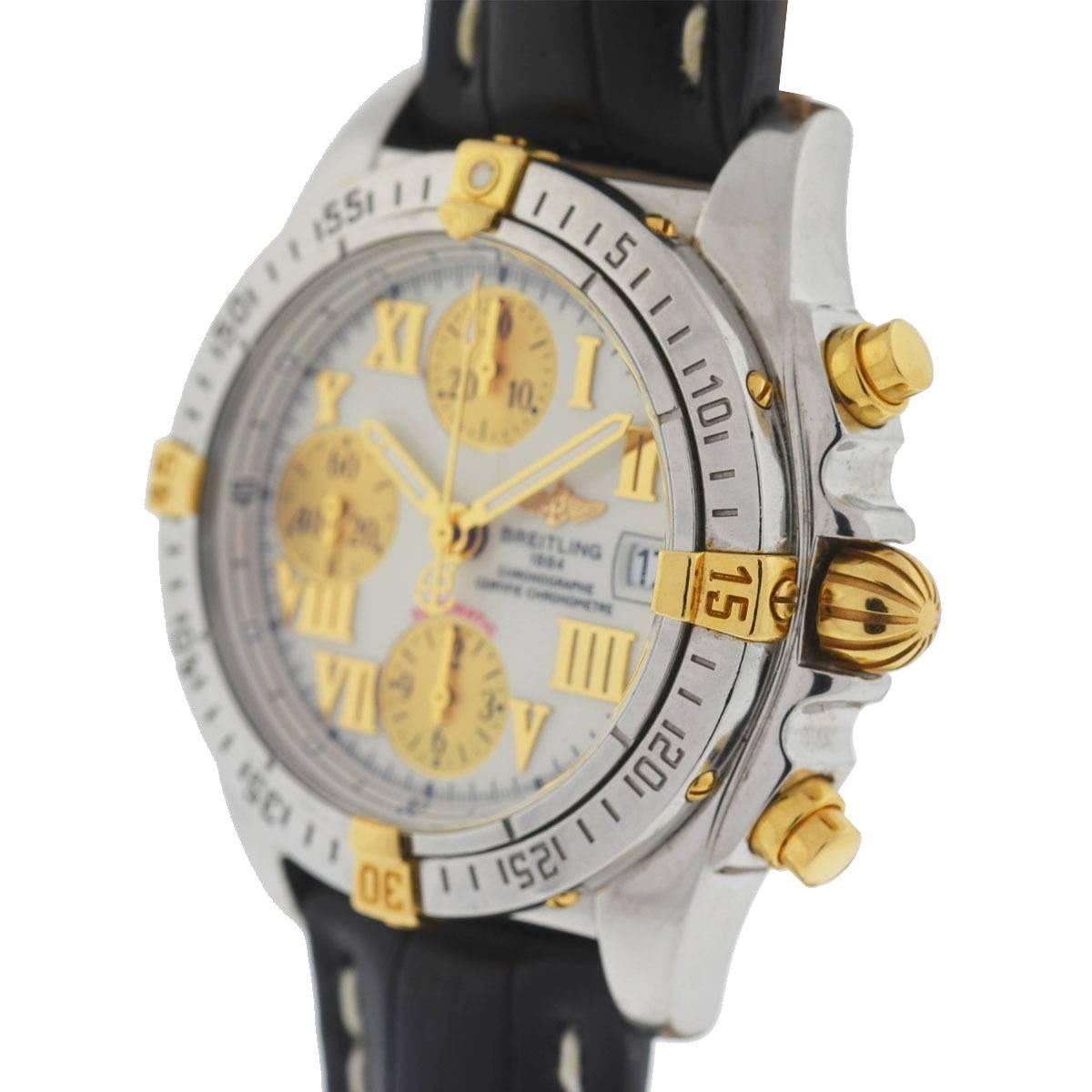Company - Breitling
Style - Luxury Sport Watch
Model - Chrono Cockpit
Reference Number - B13358
Case Metal - Stainless Steel
Case Measurement - 39 mm
Bracelet - Leather Strap
Dial - White and Gold Chrono
Bezel - Stainless Steel / Yellow Gold
Crystal