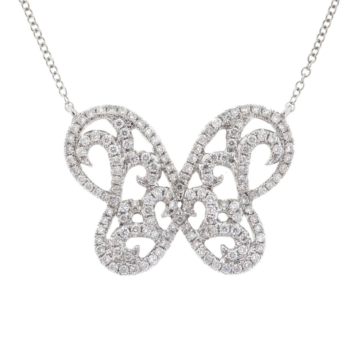 18 Karat White Gold Pave Diamond Butterfly Necklace