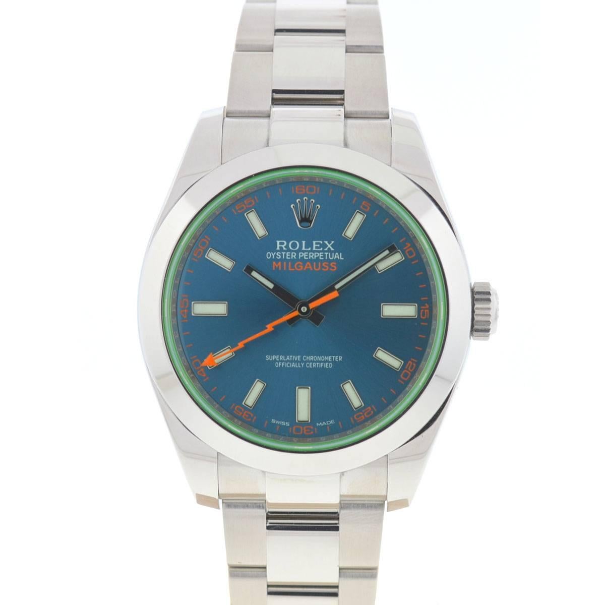 Company - Rolex
Style - Dress/Formal
Model - Milgauss Blue
Reference Number - 116400GV Random Serial
Case Metal - Stainless Steel
Case Measurement - 40 mm 
Bracelet - Stainless Steel - Fits a 8