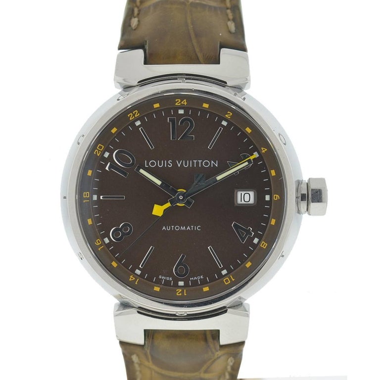 Louis Vuitton Tambour Stainless Steel Leather Strap Automatic Watch at 1stdibs
