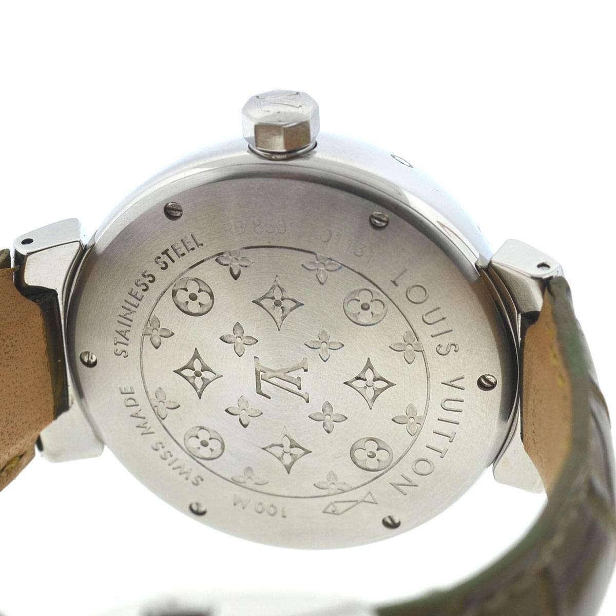 Louis Vuitton Tambour Stainless Steel Leather Strap Automatic Watch In Excellent Condition In Boca Raton, FL