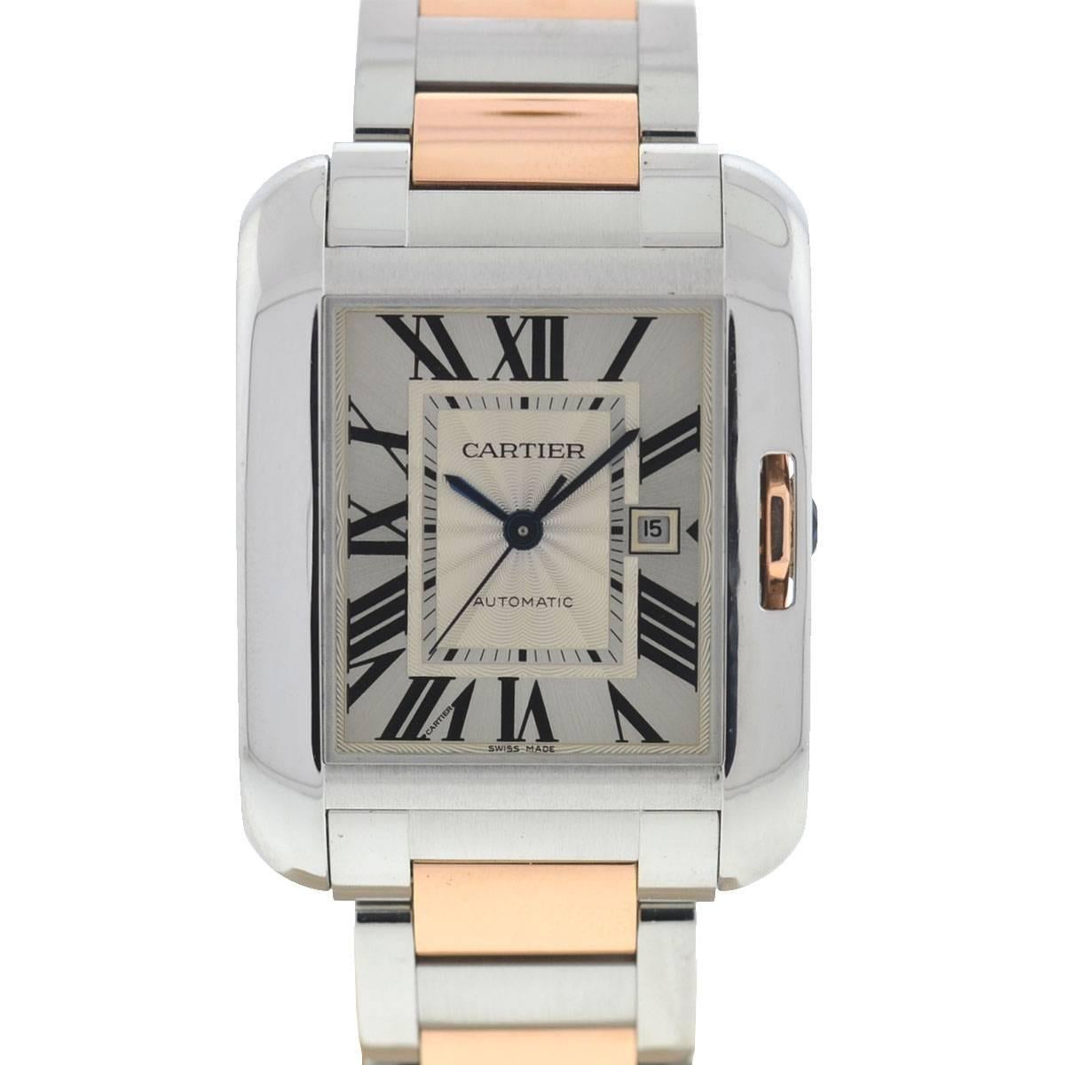 Company - Cartier
Model - Anglaise
Case Metal - Stainless Steel
Case Measurement - 30mm
Bracelet - Stainless Steel / 18k Rose Gold
Dial - Silver 
Bezel - Stainless Steel
Crystal - Scratch Resistant Sapphire
Movement - Automatic 
Features - Date,