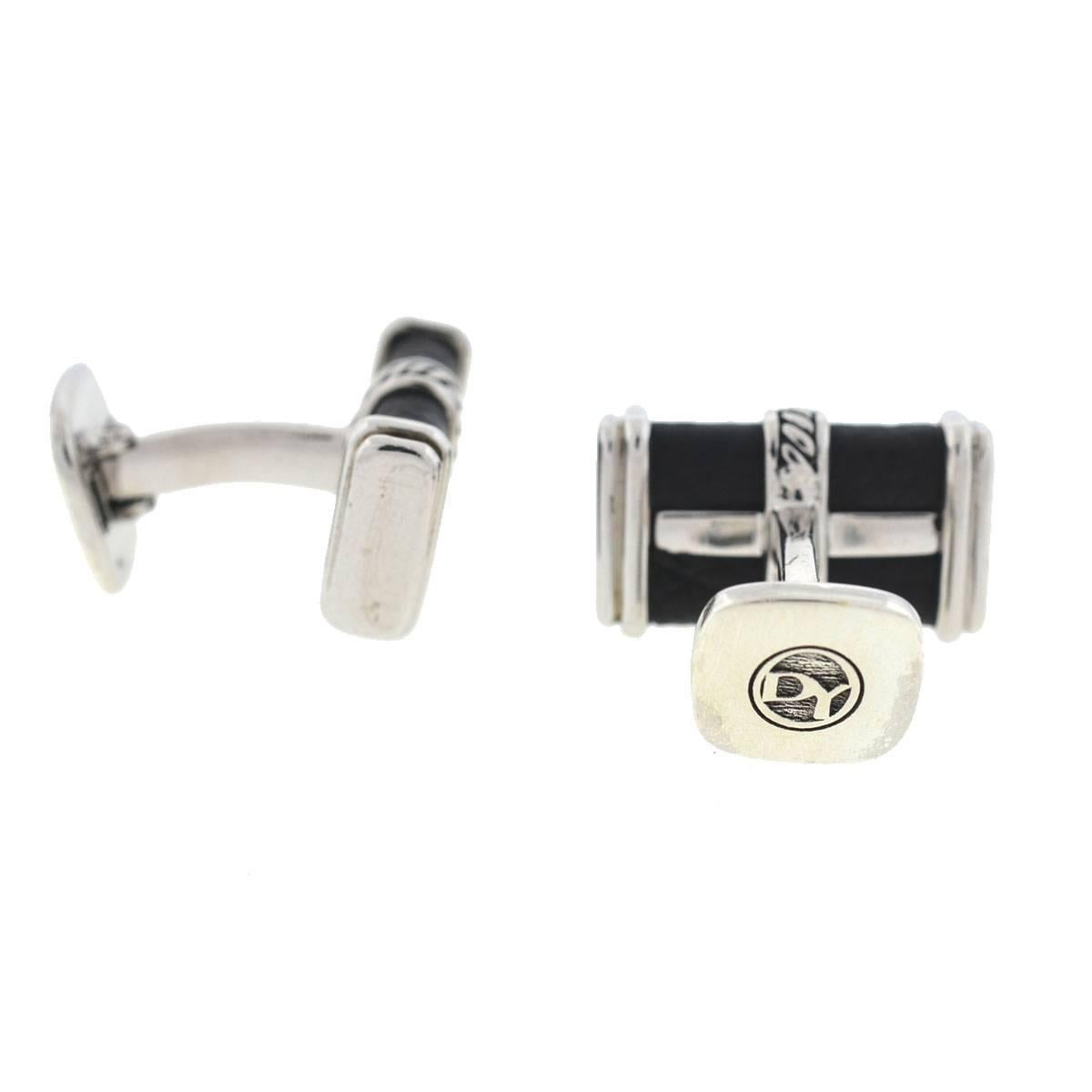 David Yurman Cable Sterling Silver Black Leather Cufflinks In Excellent Condition In Boca Raton, FL
