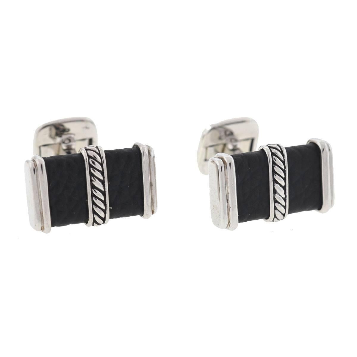 David Yurman Cable Sterling Silver Black Leather Cufflinks