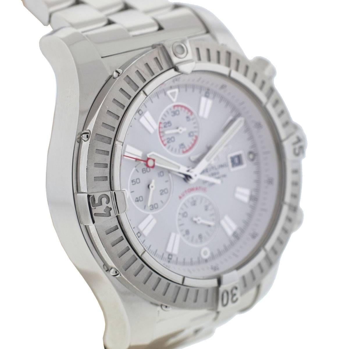 Company	Breitling
Style	Luxury Sport Watch
Model
Super Avenger
Reference Number

A13370
Case Metal
Stainless Steel
Case Measurement
48 mm
Bracelet
Stainless Steel with Deployment Clasp
Dial
White
Bezel
Stainless Steel
Crystal
Scratch Resistant