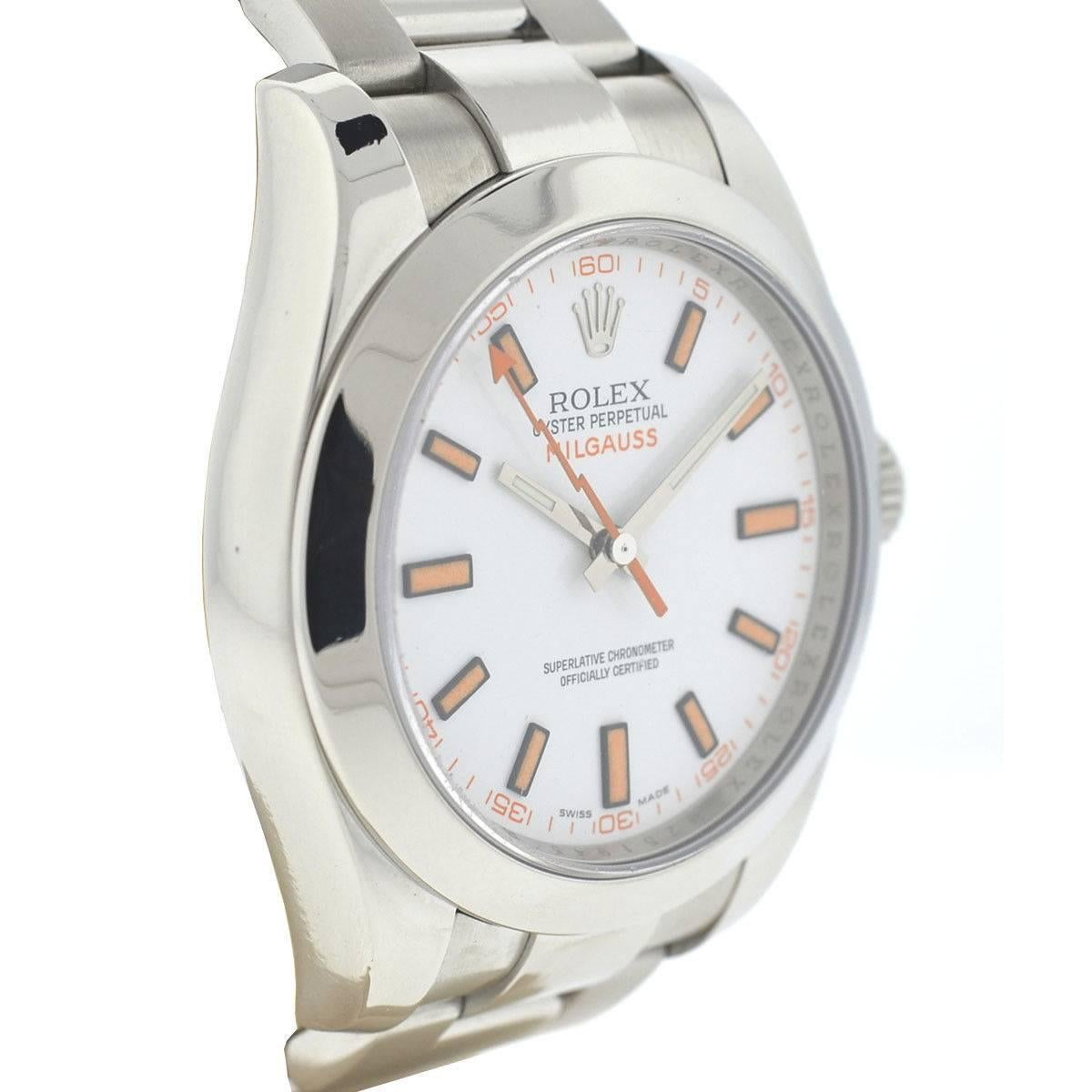 Rolex 116400 Milgauss White Dial Stainless Steel Watch In Excellent Condition In Boca Raton, FL