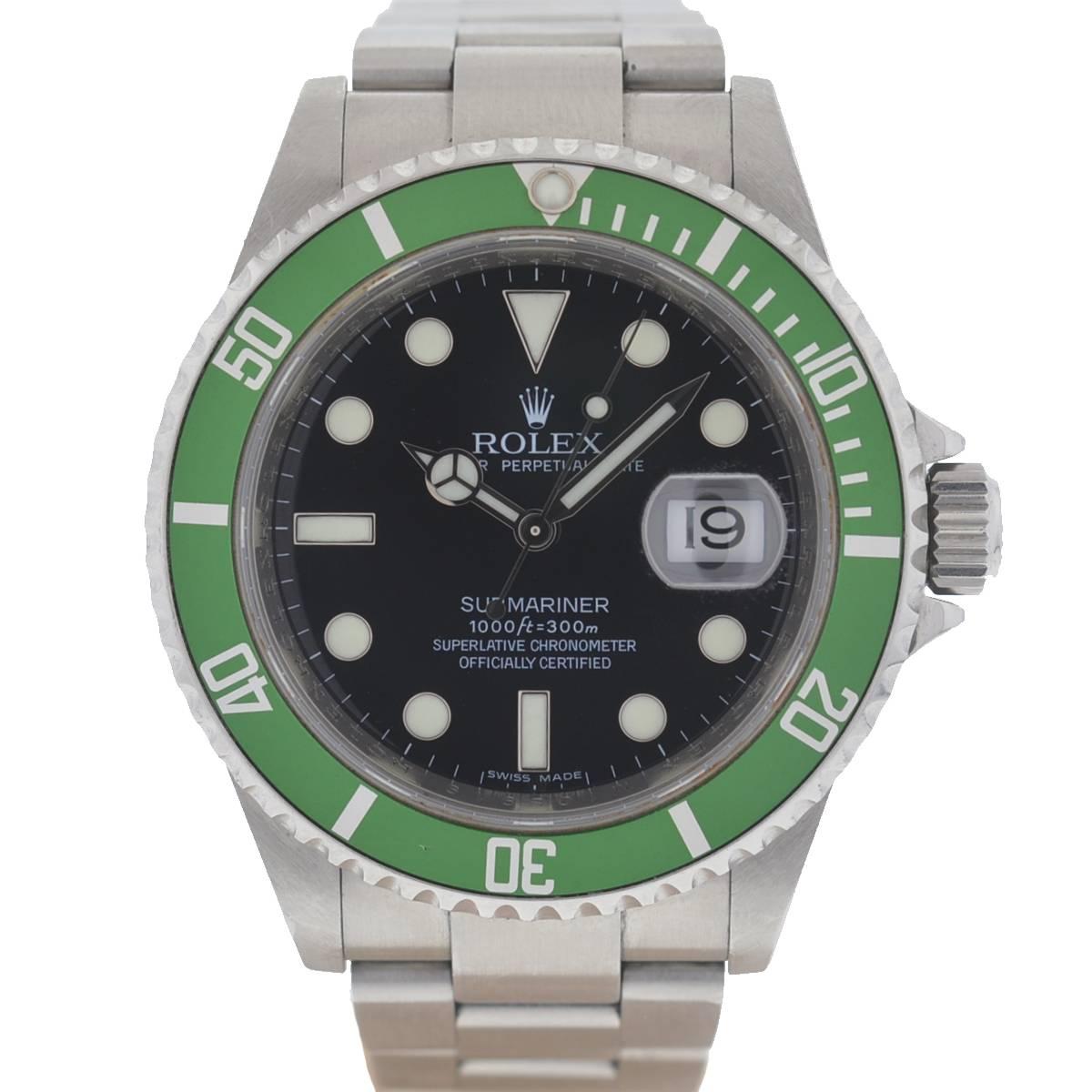 Company - Rolex
Model - 50th Anniversary Green Bezel Submariner
Case Metal - Stainless Steel
Case Measurement - 40mm
Bracelet - Stainless Steel
Dial - Black
Bezel - Green
Crystal - Scratch Resistant Sapphire
Movement - Automatic
Features - Date,