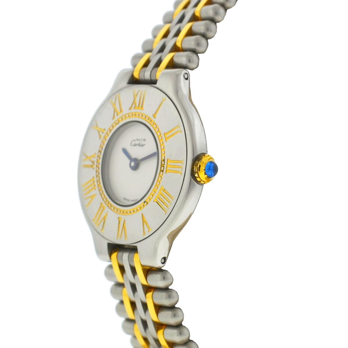 Company-Cartier
Model-Must 21
Case Metal-Two Tone
Case Size-28 mm
Dial-White Dial
Bezel-Two tone 
Crystal-Sapphire Scratch Resistant 
Bracelet-Stainless Steel - Fits up to a 6 1/2