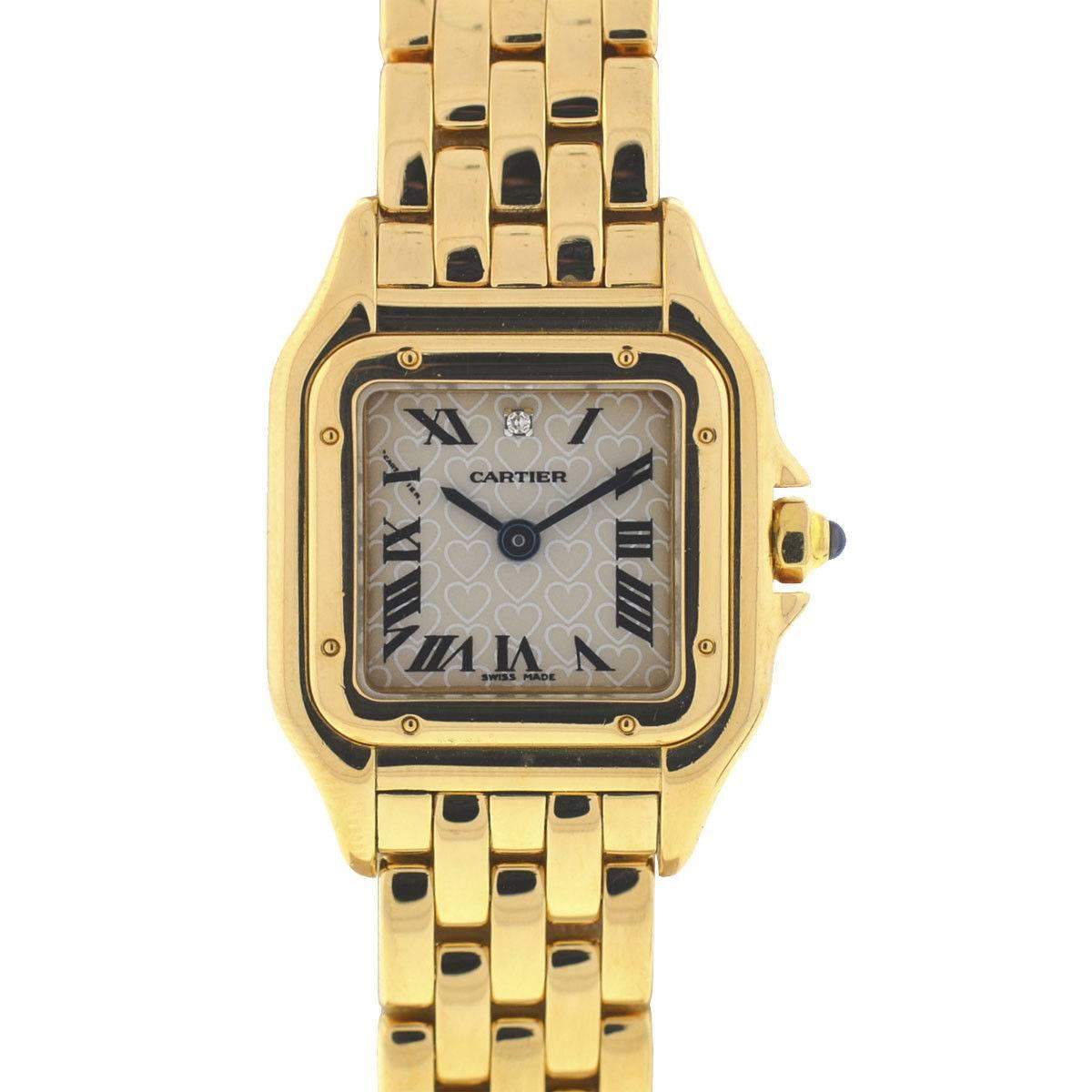 Company - Cartier
Style - Dress
Model -Panthere
Reference Number - 1070
Case Metal - 18k Yellow Gold 
Case Measurement - 21mm
Bracelet - 18k Yellow Gold
Dial - Hearts and 1 diamond at 12 o'clock
Bezel - 18k Yellow Gold
Crystal - Sapphire
Movement -