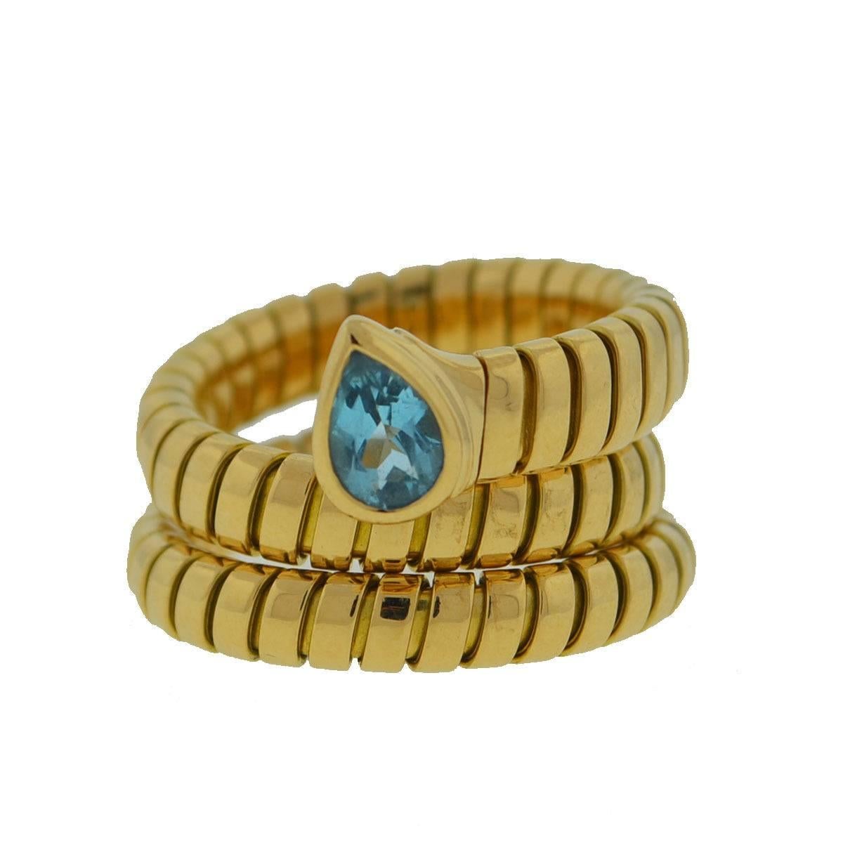Women's Bulgari Bvlgari 18 Karat Yellow Gold Tubogas Serpenti Snake Wrap Blue Topaz Ring
