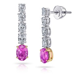 Oval Pink Sapphire and Diamond Platinum Drop Earrings