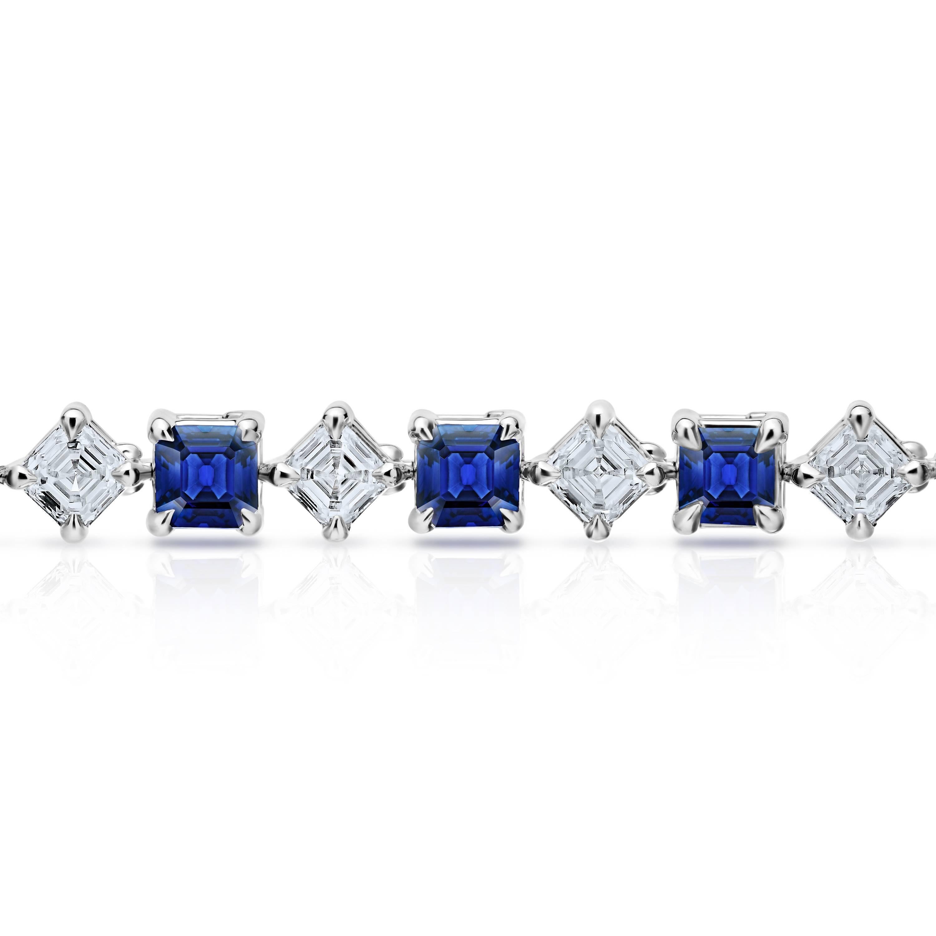 Fifteen Asscher Cut Blue Sapphires weighing 8.36 carats and Fifteen Asscher cut diamonds  weighing 6.31 carats set in a custom platinum bracelet. All sapphires are extremely vibrant in color and are clean. Every diamond has its own GIA report