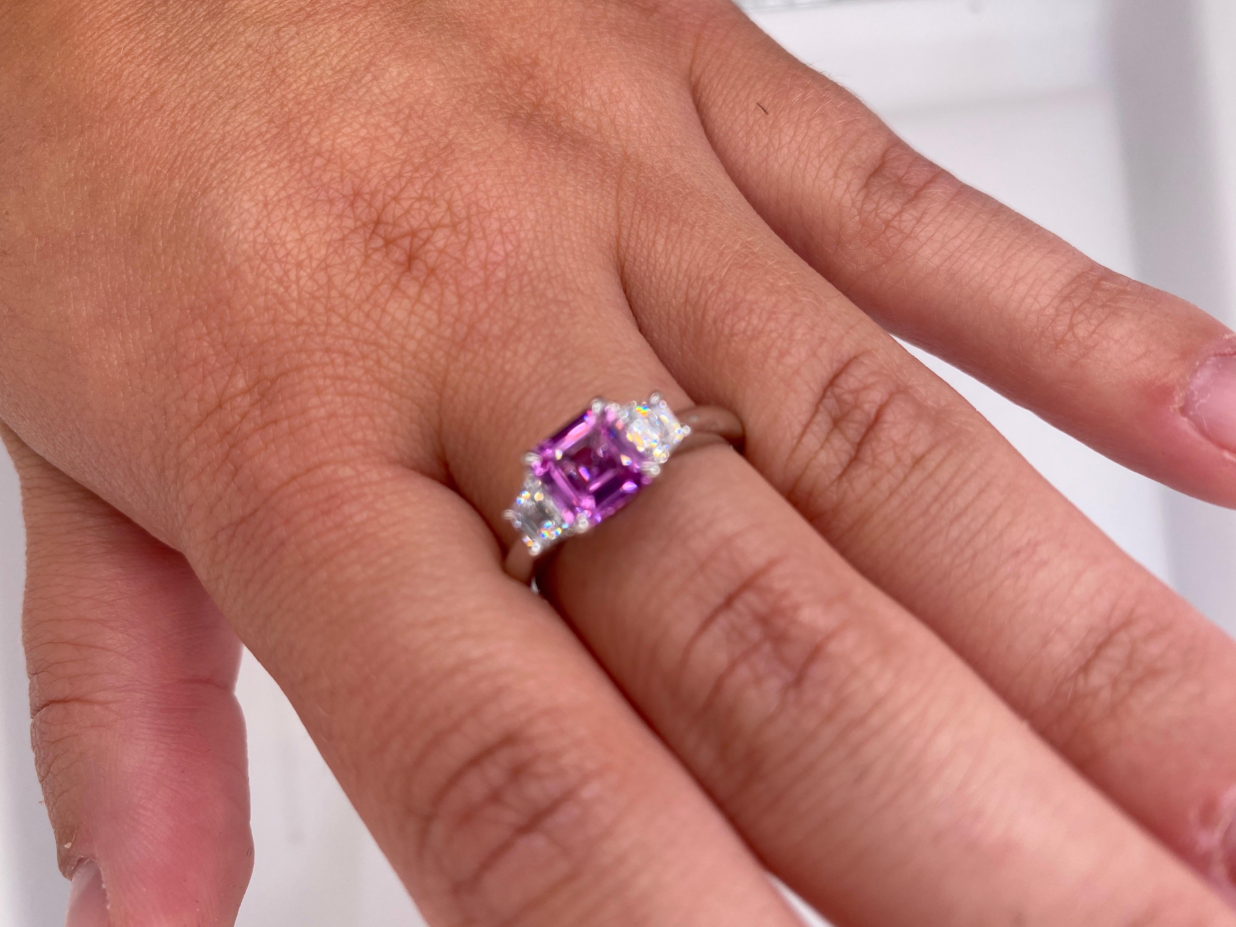 Contemporary 1.24 Carat Asscher Cut Pink Sapphire and Diamond Platinum Ring