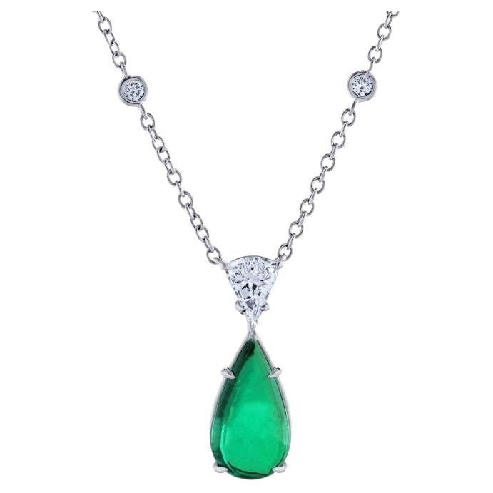 3.89 Carat Cabochon Green Emerald and Diamond Platinum Pendant