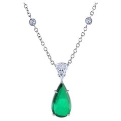 3.89 Carat Cabochon Green Emerald and Diamond Platinum Pendant