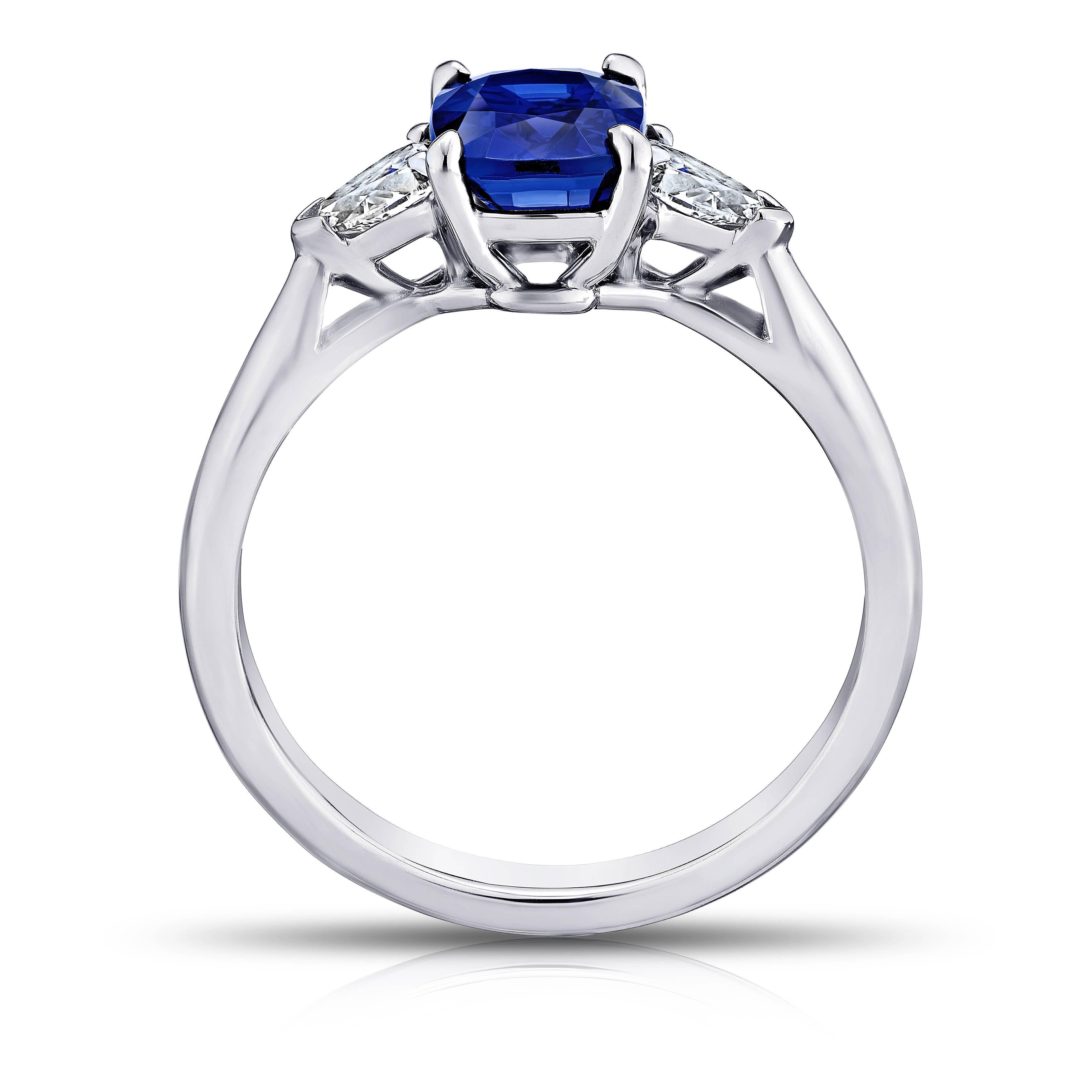 Contemporary 1.88 Carat Cushion Blue Sapphire and Diamond Platinum Ring with GRS Report