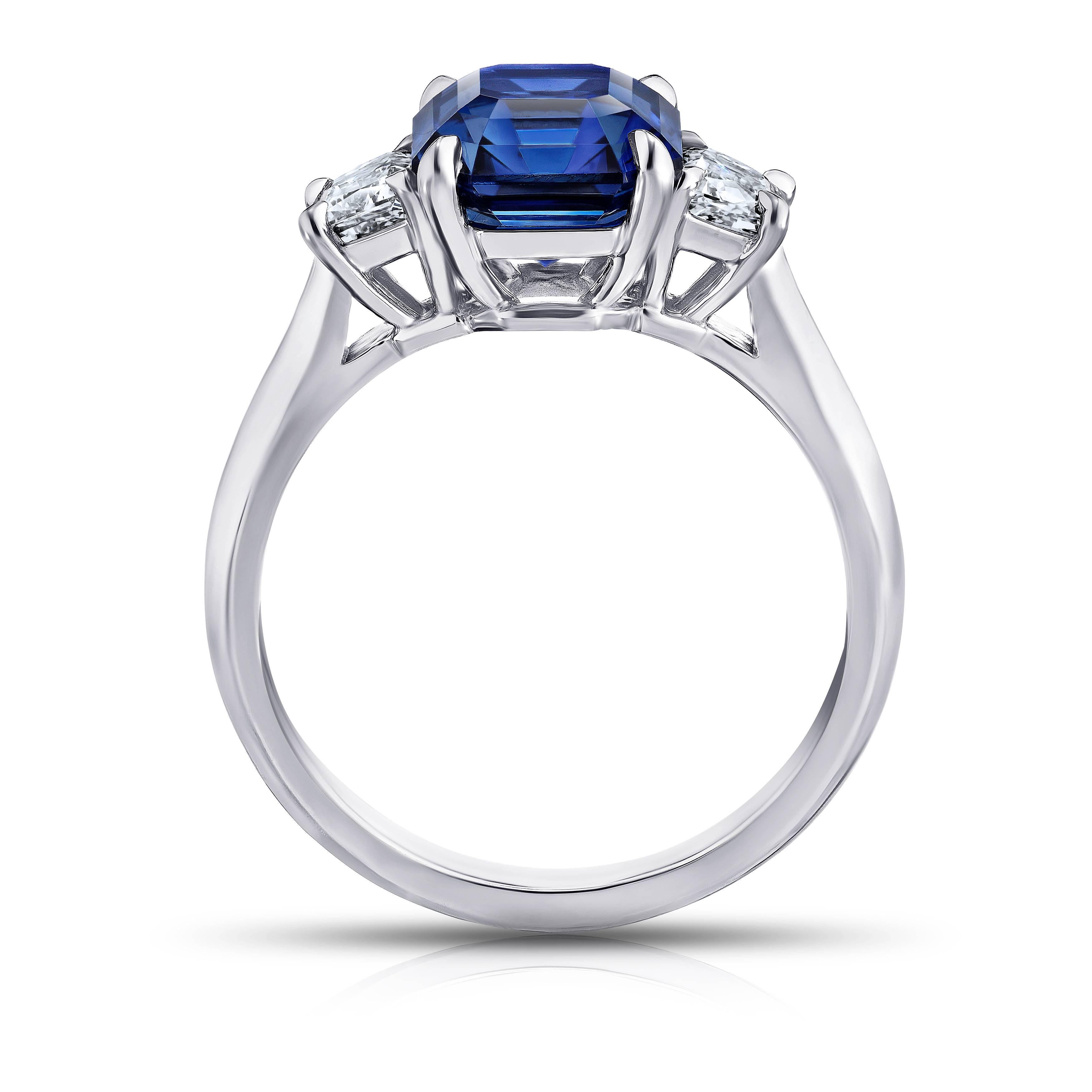 Contemporary 3.86 Carat Emerald Cut Blue Sapphire Platinum Ring