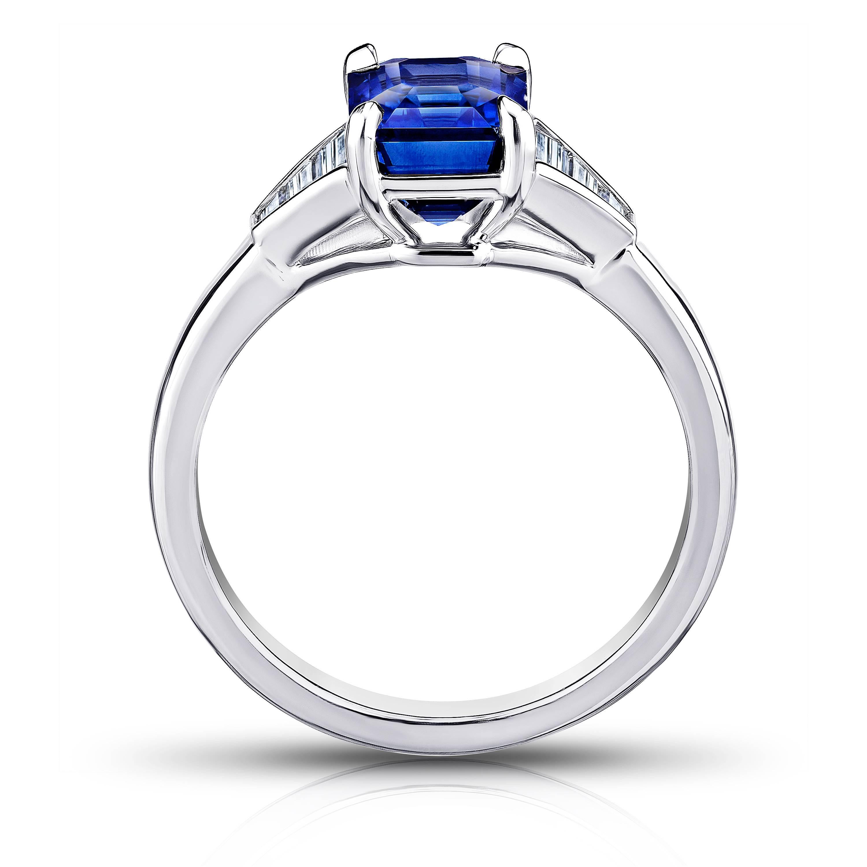Contemporary 3.01 Carat Emerald Cut Blue Sapphire and Diamond Platinum Ring